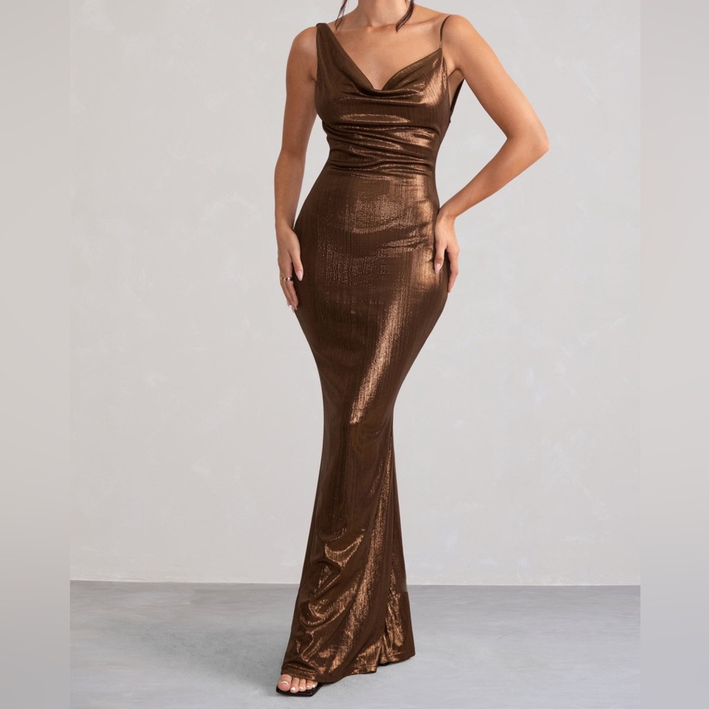 Club L London Bronze Cowl Neck Maxi Dress
